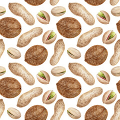 Pistachios, peanuts, walnuts, watercolor seamless pattern on a white background. A light and healthy snack. Illustration of nuts in shells.