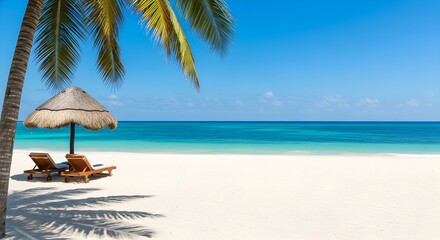 Tropical beach with palm tree and lounge chairs