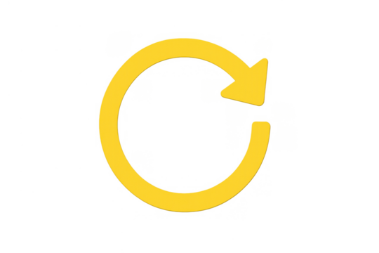 Yellow refresh arrow icon for reloading web pages, updating content, or cycling through options, transparent background - Powered by Adobe