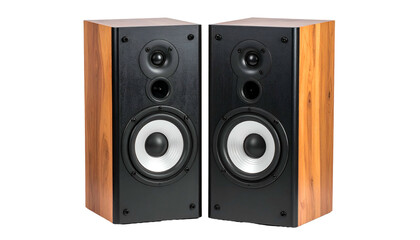 Fototapeta premium Pair of wooden-framed loudspeakers on transparent background