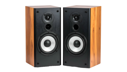 Pair of wooden-framed loudspeakers on transparent background