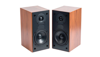 Pair of wooden-veneered rectangular speakers with black front panels