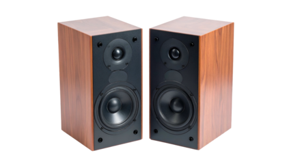 Pair of wooden-veneered rectangular speakers with black front panels