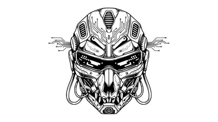 Naklejka premium Futuristic cyberpunk mask, mechanical details, abstract tech patterns, black and white vector, isolated