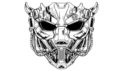 Fototapeta premium Futuristic cyberpunk mask, mechanical details, abstract tech patterns, black and white vector, isolated