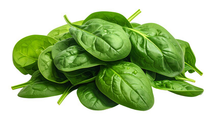 Close-up studio shot of a vibrant heap of fresh, organic, green spinach leaves