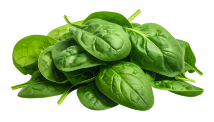 Close-up studio shot of a vibrant heap of fresh, organic, green spinach leaves
