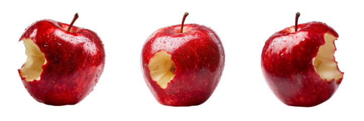 Set of Juicy red apple with one bite missing transparent png background. Ai generated