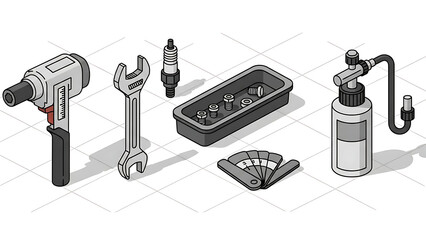 Collection of Workshop Tools and Automotive Maintenance Items on a White Background