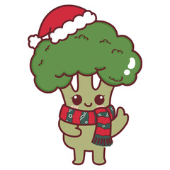 Cute Christmas broccoli character wearing a Santa hat and red scarf cartoon