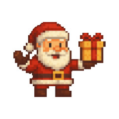Pixel art santa claus character with a gift
