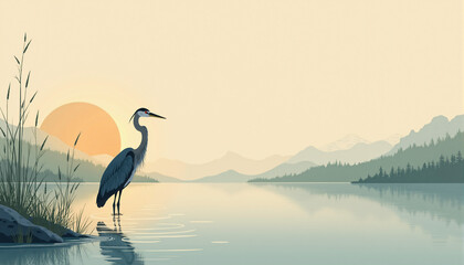 Minimal poetic poster of a lone heron in shallow wetland water with reeds and warm rising sun, calm airy layout with open text space, created for World Wetlands Day on 2 February