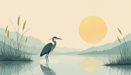 Minimal poetic poster of a lone heron in shallow wetland water with reeds and warm rising sun, calm airy layout with open text space, created for World Wetlands Day on 2 February