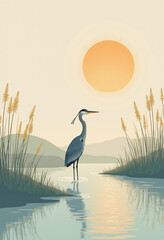 Minimal poetic poster of a heron standing in shallow wetland water with tall reeds and warm rising sun, calm airy composition with open space for text, created for World Wetlands Day on 2 February