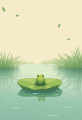 Minimal poetic illustration of a tiny green frog on a single lily leaf floating on still marsh water, soft drifting mist and wide open space for text, created for World Wetlands Day