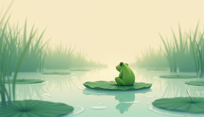 Minimal poetic illustration of a tiny green frog on a single lily leaf floating on still marsh water, soft drifting mist and wide open space for text, created for World Wetlands Day