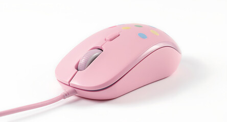 Ergonomic pink optical mouse with a cord and playful sprinkle design, perfect for work or study, shown on a white studio background