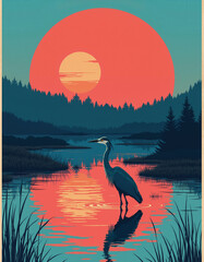Vibrant minimal poster of a tall heron standing in reflective wetland water during a neon sunset, bold silhouette shapes and electric color blocks with clean empty upper space for typography