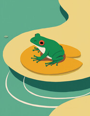 Bold minimal poster of a vivid green frog on a round lily pad with stylized teal and yellow ripples, strong flat shapes and saturated colors, large open space for text, clean modern composition