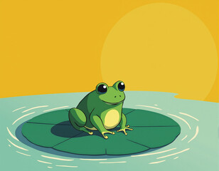 Bold minimal poster of a vivid green frog on a round lily pad with stylized teal and yellow ripples, strong flat shapes and saturated colors, large open space for text, clean modern composition