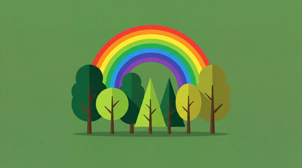 Naklejka premium Landscape of flat illustration with trees and rainbow. Environment and ecology concept