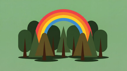 Naklejka premium Landscape of flat illustration with trees and rainbow. Environment and ecology concept