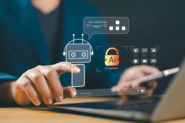 AI data protection with a secure chatbot interface, representing encrypted communication, digital privacy, automated AI security systems, and modern data management.