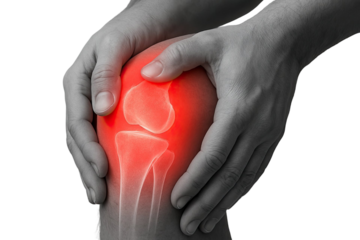 Person holding painful knee with highlighted joint showing severe inflammation and internal bone structure related to acute discomfort isolated on white background