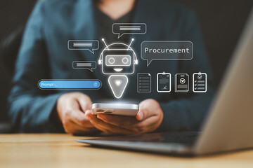 AI-powered procurement system with chatbot and digital invoice icons on a mobile device, representing automated B2B purchasing and modern mobile supply chain management solutions.