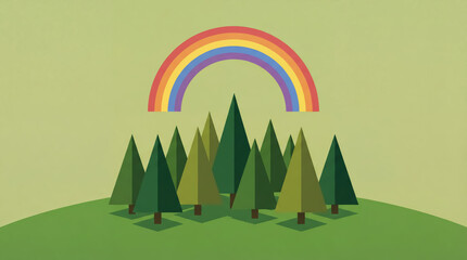 Naklejka premium Landscape of flat illustration with trees and rainbow. Environment and ecology concept