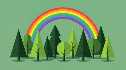 Naklejka premium Landscape of flat illustration with trees and rainbow. Environment and ecology concept