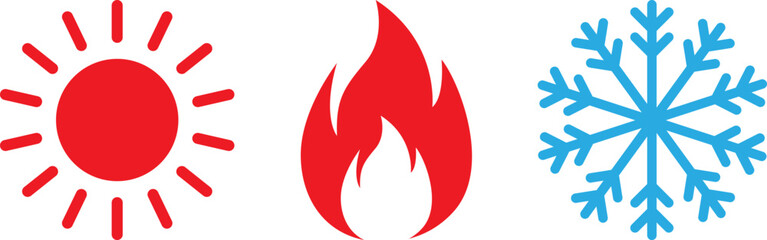 Sun flame and snowflake icons representing heat cold and fire
