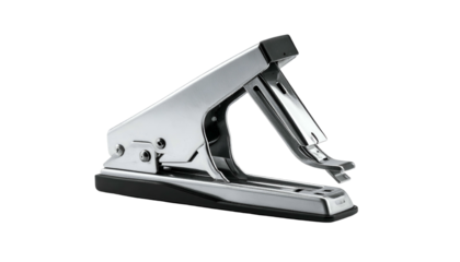 Metallic, high-angle view of a shiny, industrial-looking, lever-action paper punch on black