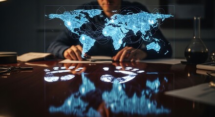 Dynamic global network visualization with interconnected world map reflecting on a glossy table, perfect for illustrating international business and technology concepts