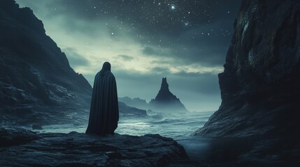 A dark figure stands by the sea under a starry sky, surrounded by rocky cliffs and misty waves. An eerie, beautiful scene unfolds at night.