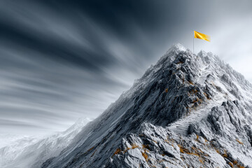 Majestic mountain peak with a yellow flag waving against a dramatic cloudy sky backdrop