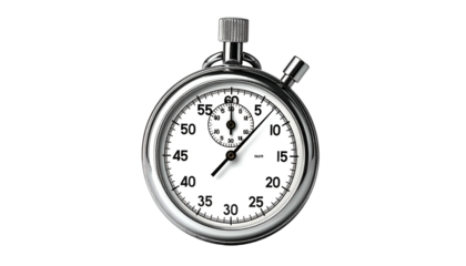 Close-up of a shiny silver stopwatch on a black background, with clock face detail