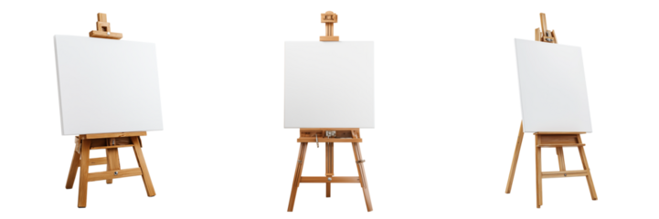 Set of Minimalist art workspace concept with blank canvas on wooden easel transparent png background. Ai generated