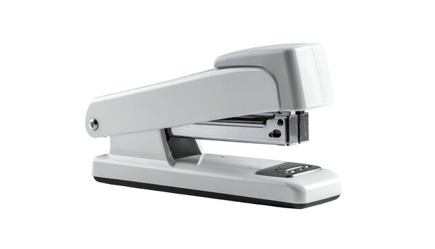 A white stapler, side profile, isolated against a black background, with visible shadows