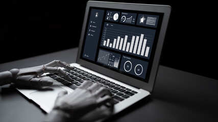 A robotic hand operates a laptop displaying various graphs and charts. The image showcases modern technology and digital data analysis in a dark setting. Impute