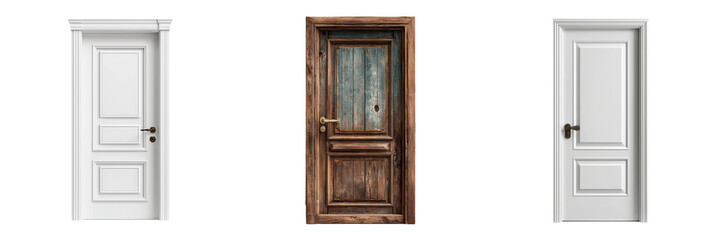 Set of Minimalist classic white door with decorative golden handle transparent png background. Ai generated