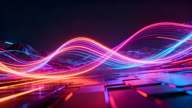 Abstract neon light trails over a futuristic landscape with glowing lines and geometric shapes