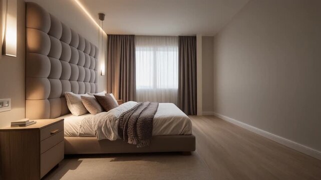 A welcoming guest bedroom with layered textiles, padded wall panel, minimalist lighting fixtures, and gradual daylight transitions across floor and walls.
