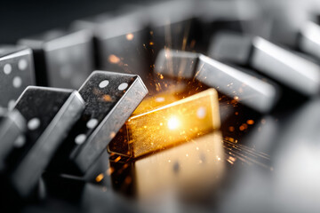 Black dominoes falling around a glowing golden block, symbolizing change and transformation