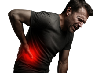 Man holding lower back with highlighted pain area showing intense discomfort related to lumbar strain isolated on white background