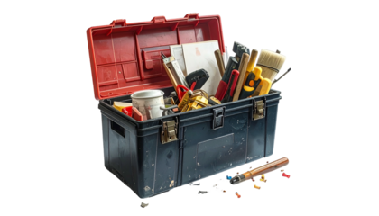 Open, rectangular toolbox overflowing with various hand tools, on black background