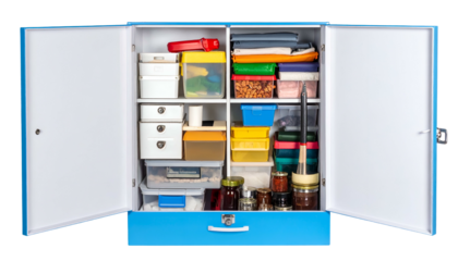 Open, blue storage cabinet filled with neatly organized containers and various household items