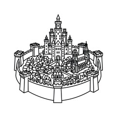 Stylized Medieval Walled City and Castle Outline Illustration