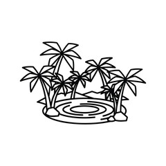 Tropical Island Oasis with Palm Trees and Pond Line Art