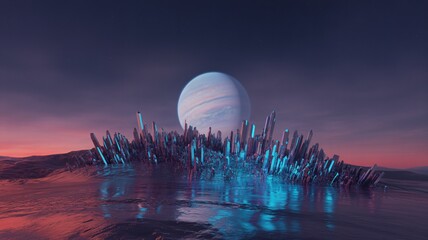 Fantasy planet landscape with glowing crystals and moon digital art render